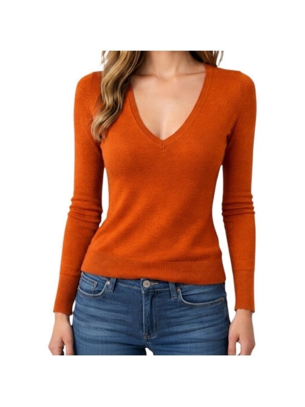 The Limited Wool Blend Burnt Orange Fitted V-Neck Sweater Women’s XS Slim Knit